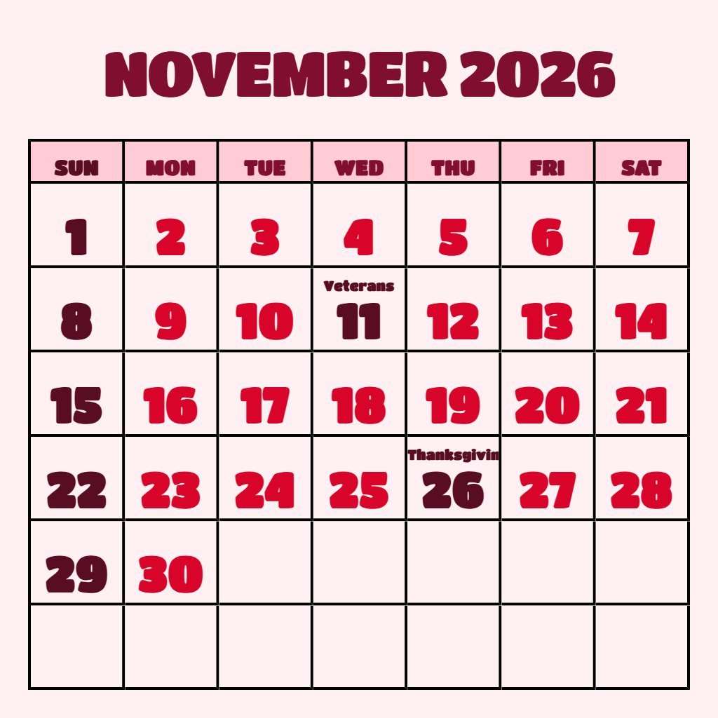 Cute Printable Calendar November 2026 Pdf Notes PDF Download
