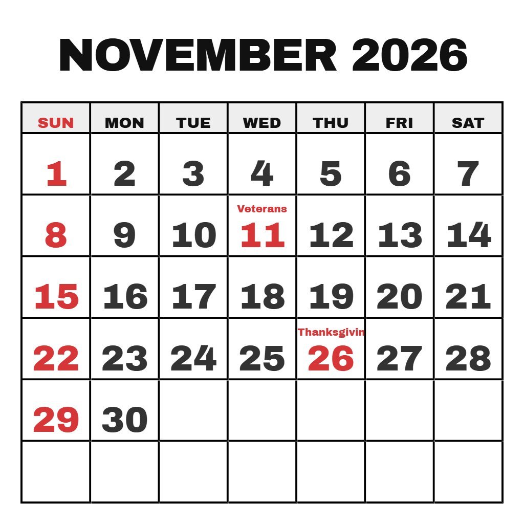 Printable Calendar November 2026 Pdf PDF Download