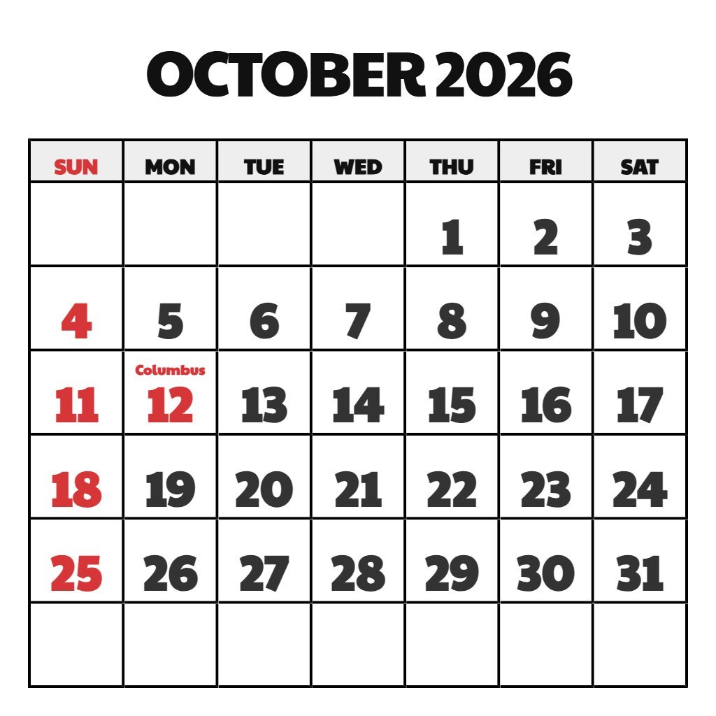 Printable Calendar October November 2026 PDF Download