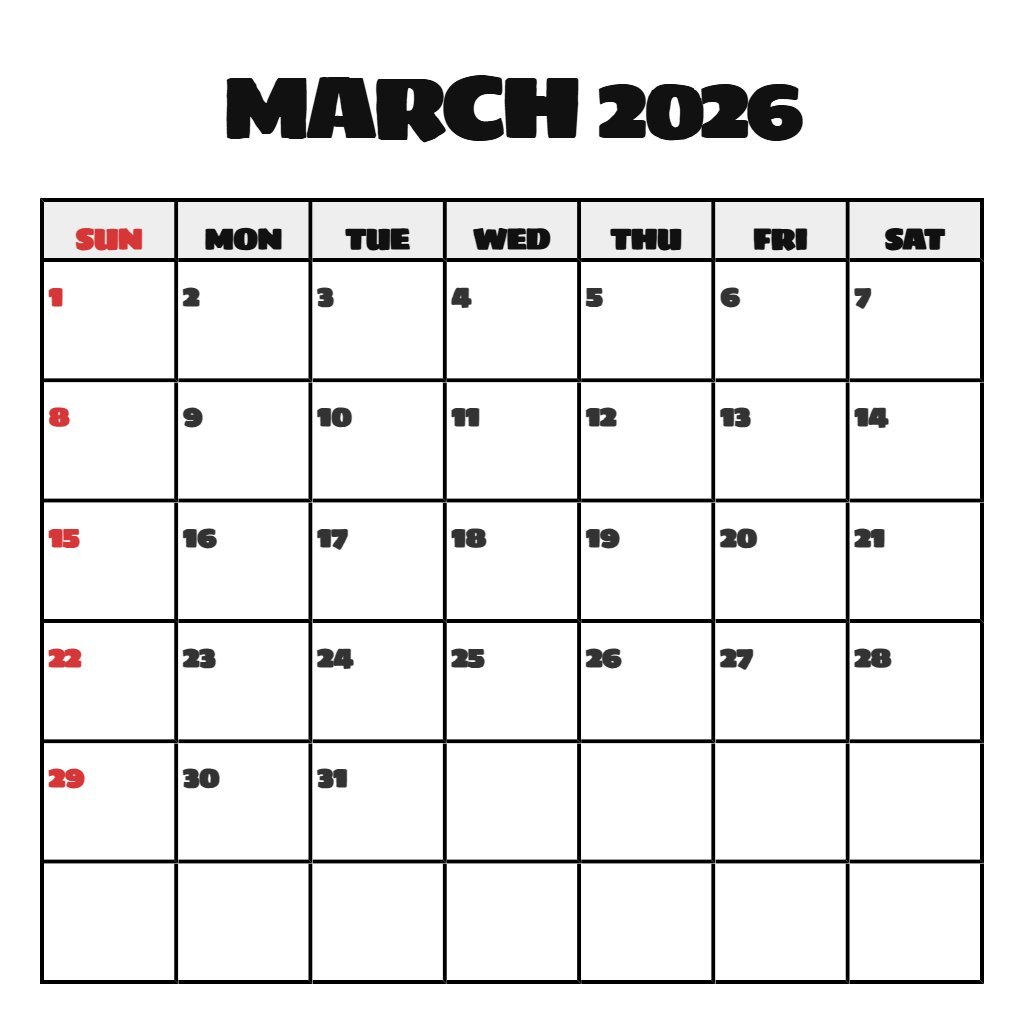 Free Printable Calendar Of March 2026 Schedule PDF Download