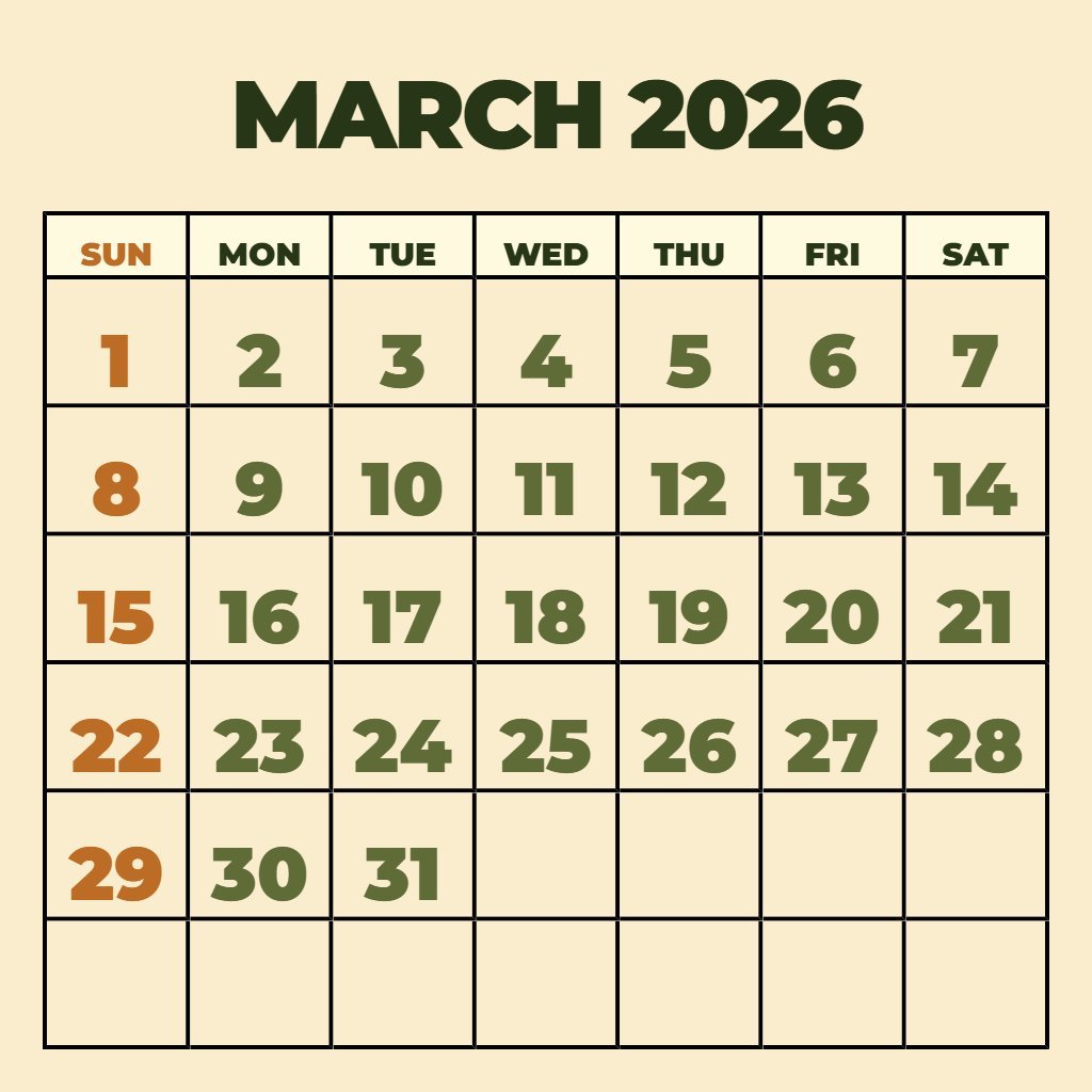 Custom Printable Calendar Of March 2026 Planning PDF Download
