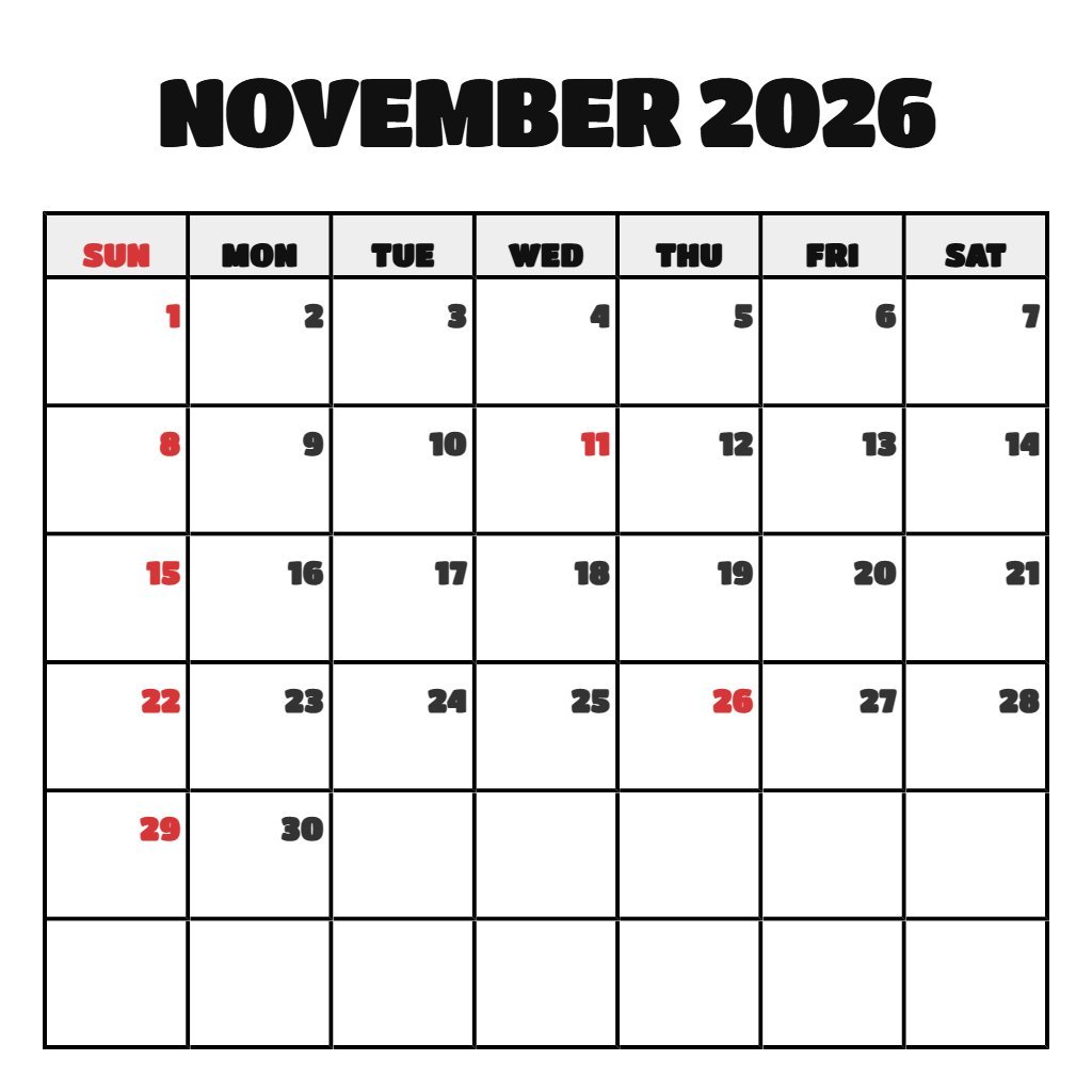 Free Printable Calendars November 2026 Calendar Schedule PDF Download