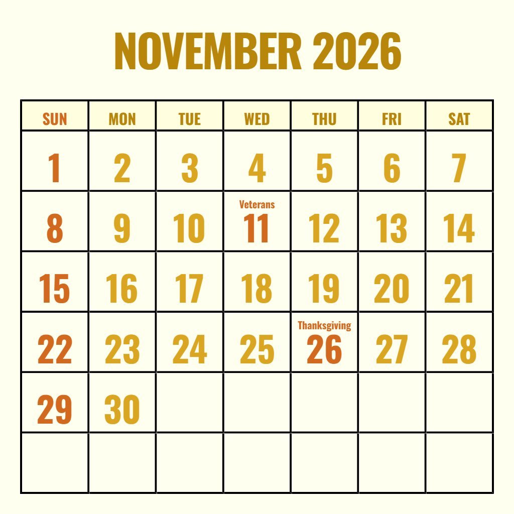 Cute Printable Calendars November 2026 Calendar Wallpaper PDF Download