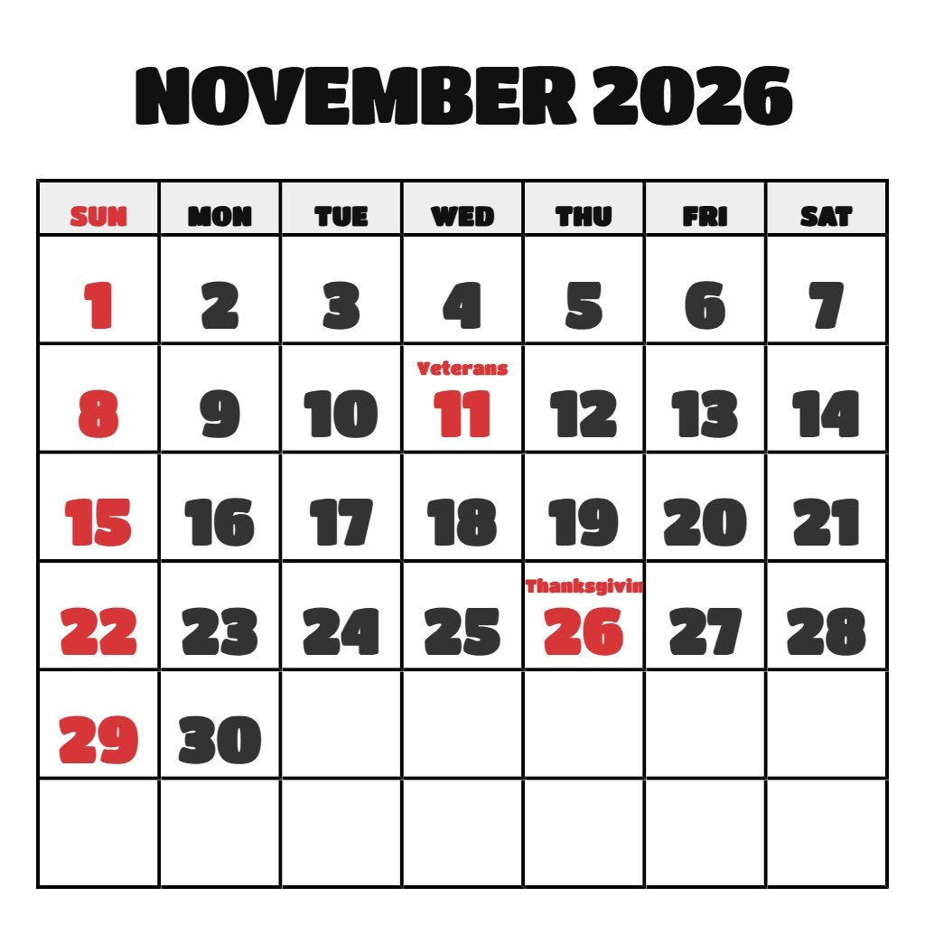 Printable Calendars November 2026 Calendar PDF Download