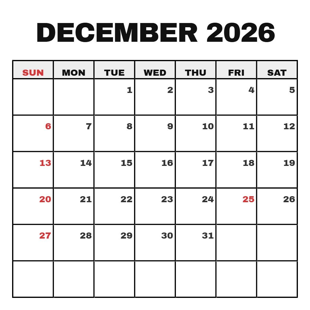 Cute Printable December 2026 Calendar Free Wallpaper PDF Download