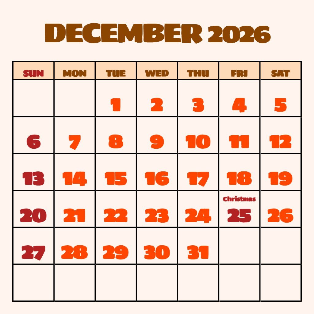 Custom Printable December 2026 Calendar Free Planning PDF Download