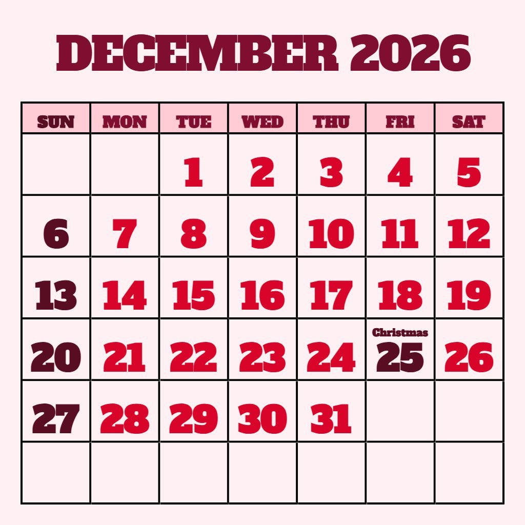 Cute Printable December 2026 Calendar Free Wallpaper PDF Download
