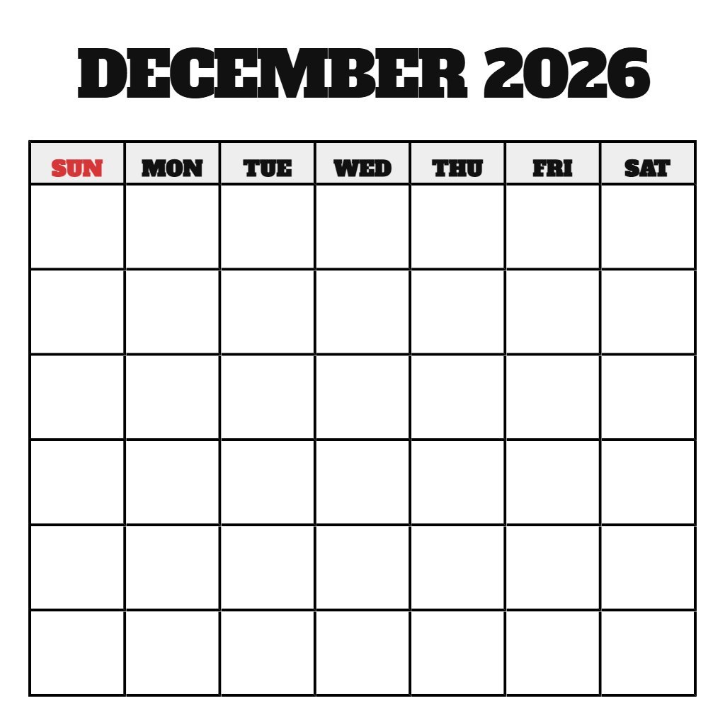 Printable December 2026 Calendar Free Blank PDF Download