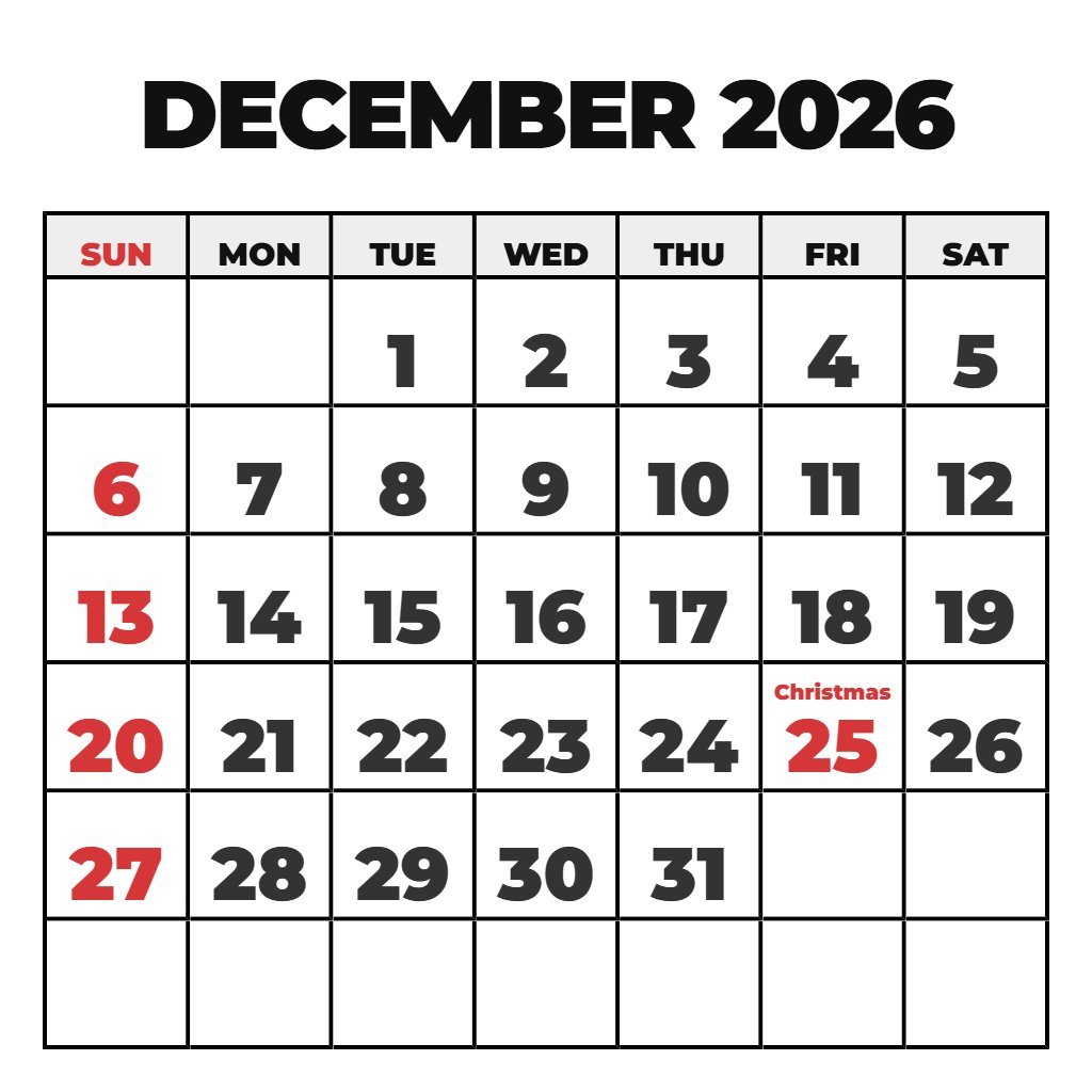 Printable December 2026 Calendar Free PDF Download