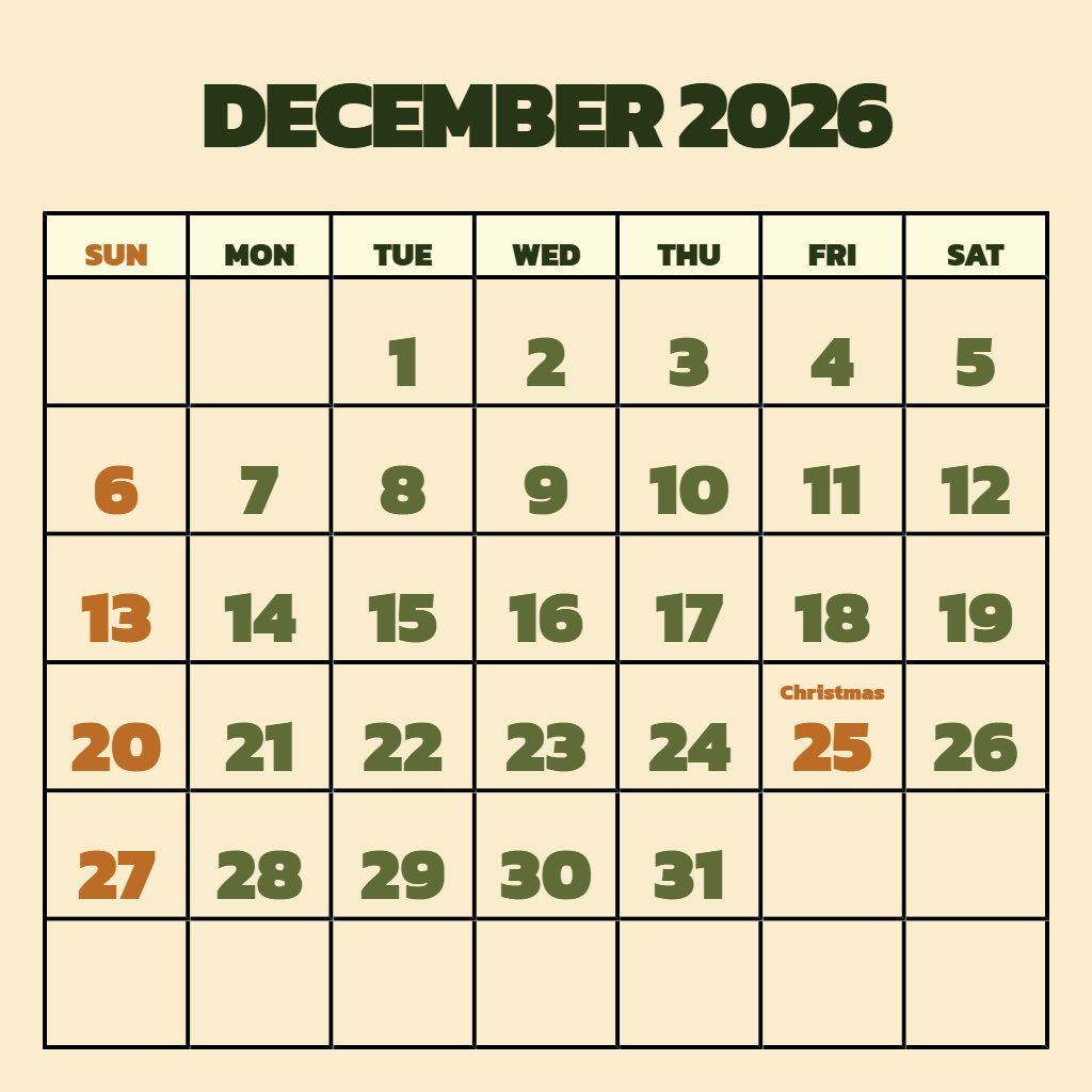 Cute Printable December 2026 Calendar Pdf Wallpaper PDF Download Cute Printable December 2026 Calendar Pdf Wallpaper PDF Download