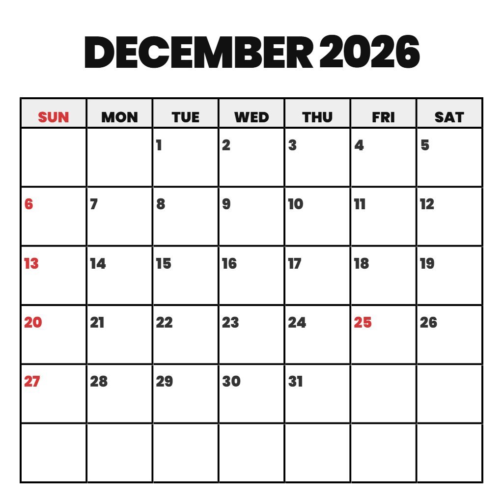 Custom Printable December Calendar 2026 Free Planning PDF Download