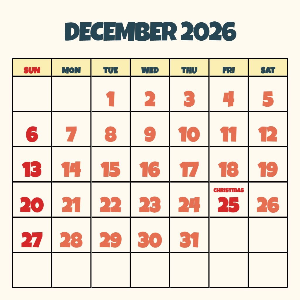 Cute Printable December Calendar 2026 Free Notes PDF Download