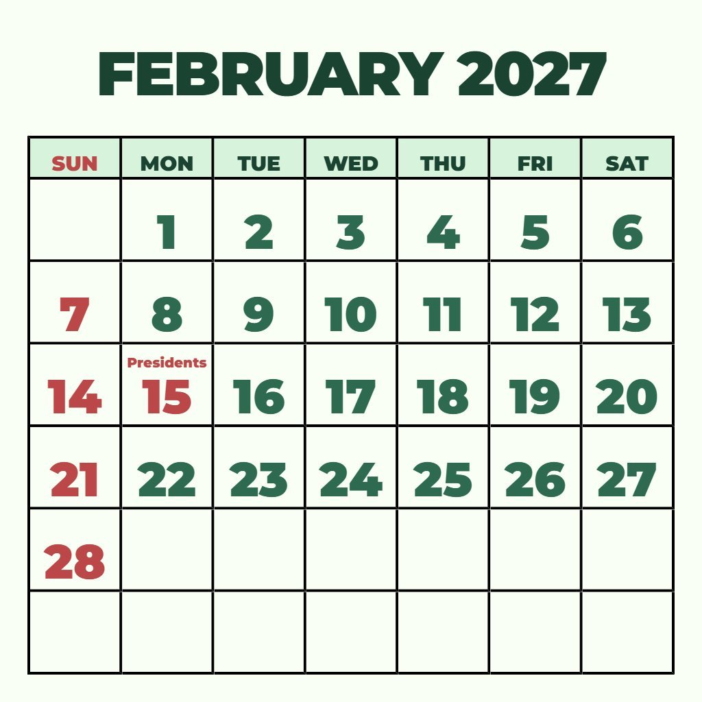 Custom Printable February 2027 Calendar Free Wallpaper PDF Download