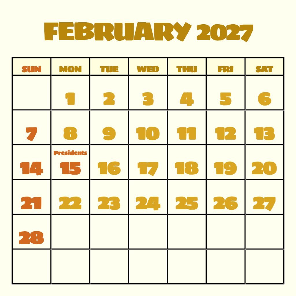 Free Printable February 2027 Calendar Free Notes PDF Download