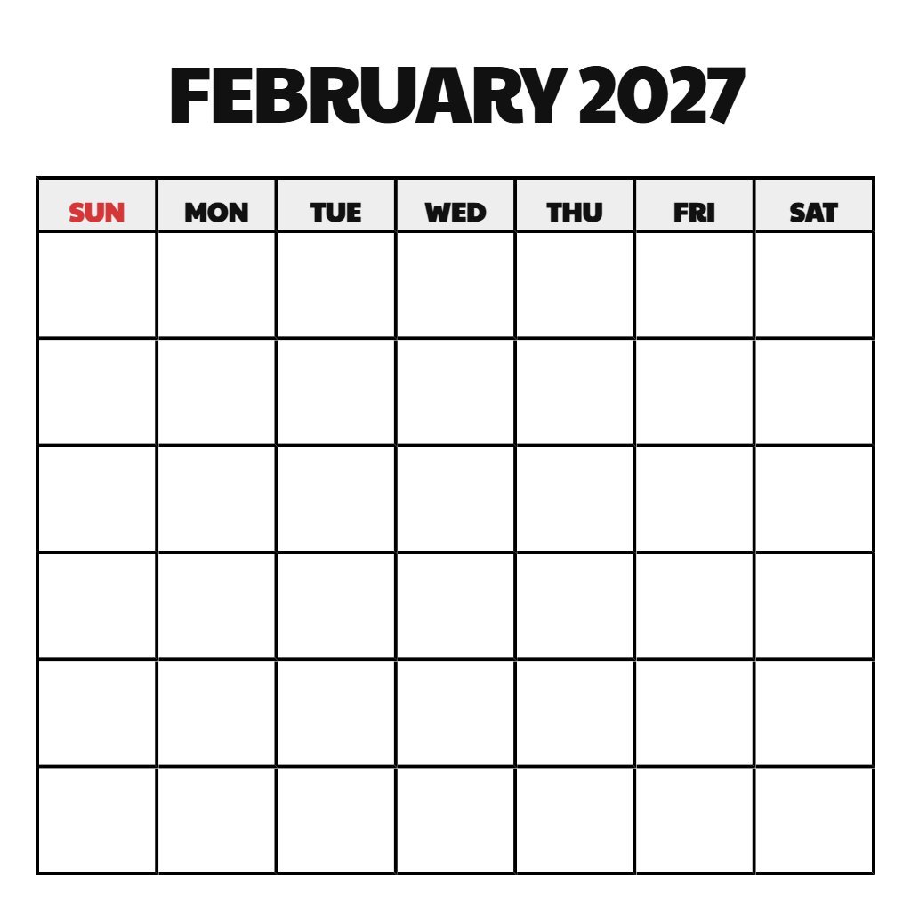 Printable February 2027 Calendar Free Blank PDF Download