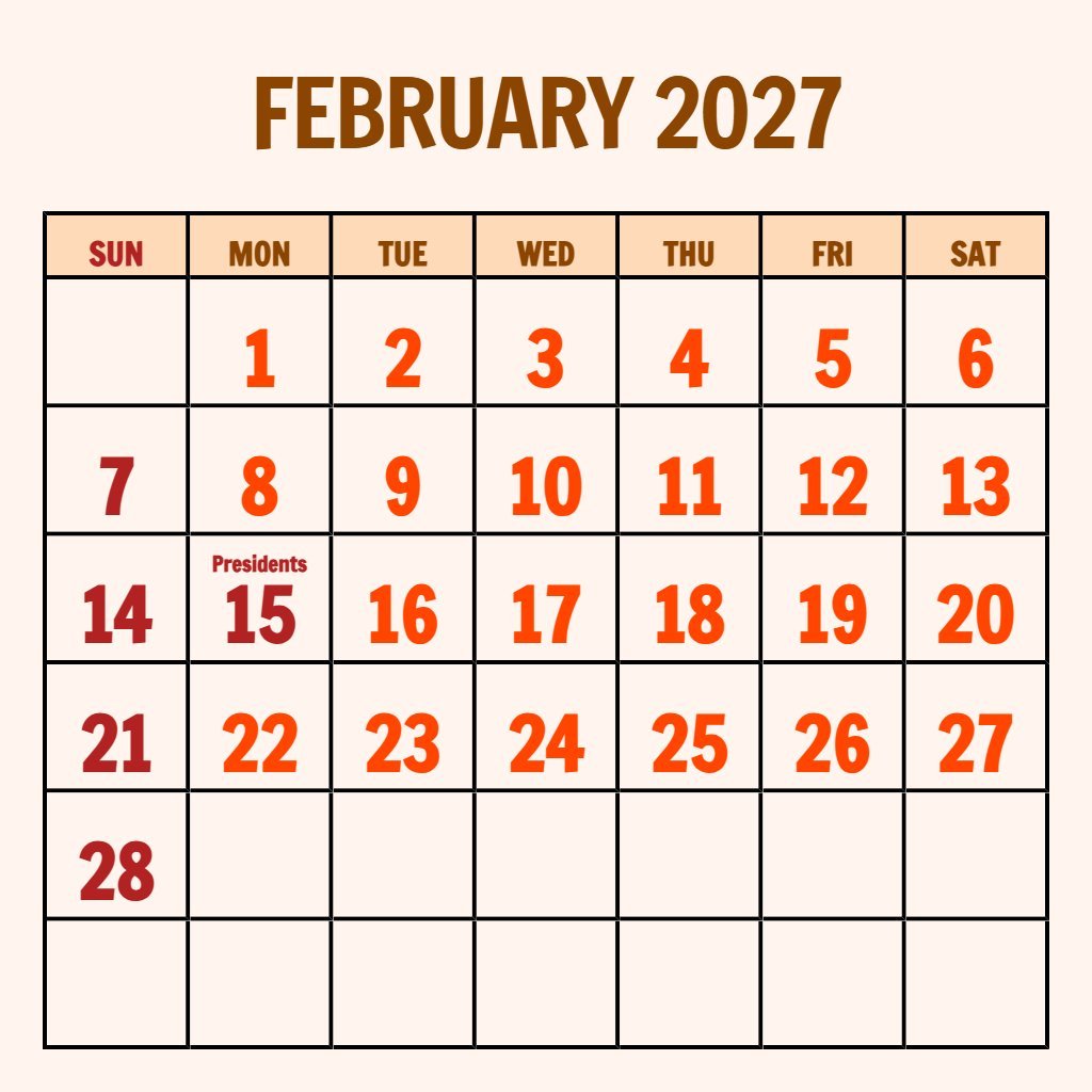 Free Printable February 2027 Calendar With Holidays Notes PDF Download