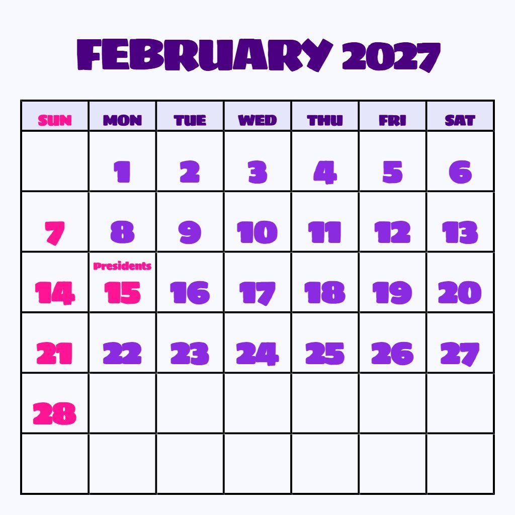 Cute Printable February 2027 Calendar With Holidays Schedule PDF Download