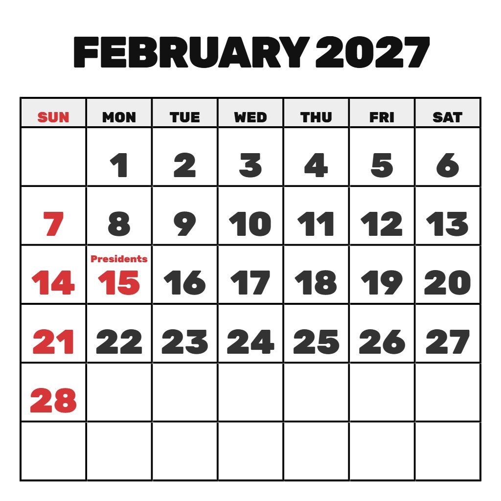 Printable February 2027 Calendar With Holidays PDF Download
