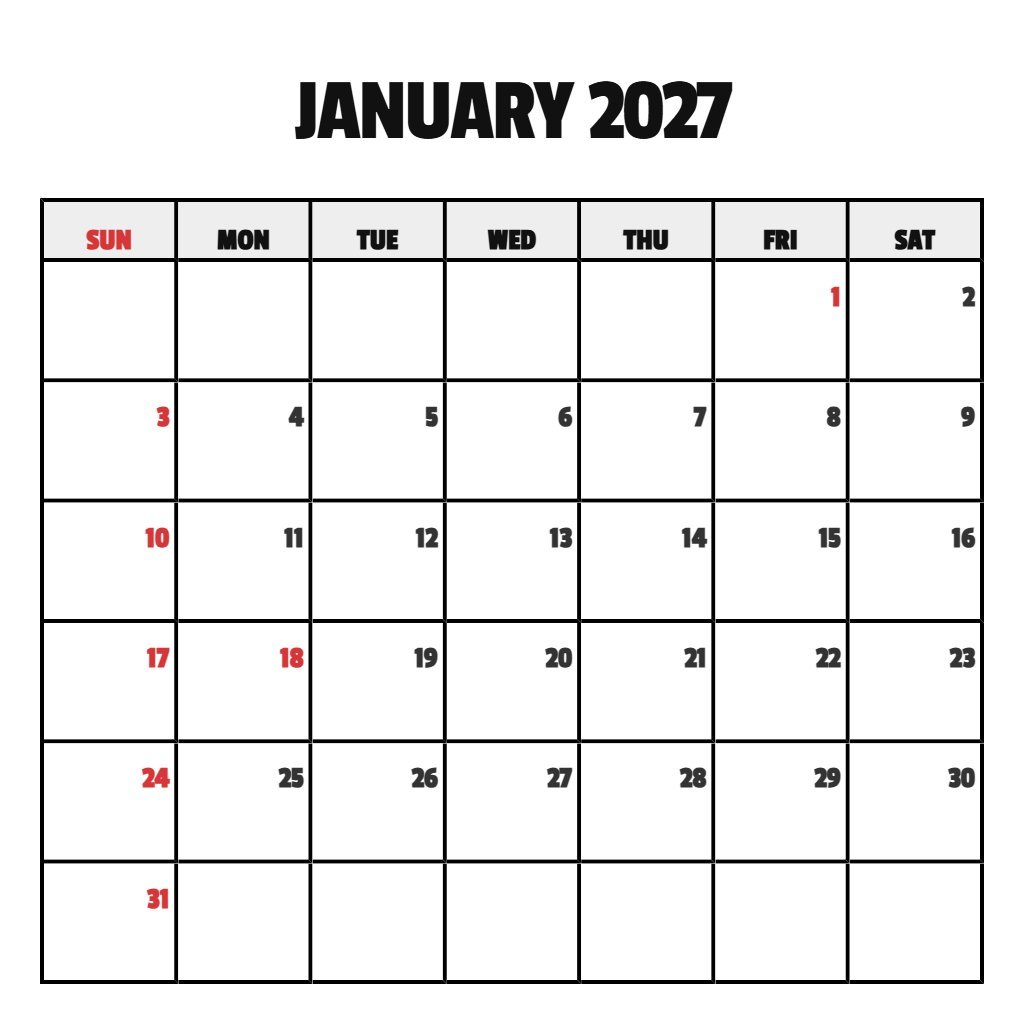 Editable Printable January 2027 Calendar Free Planning PDF Download