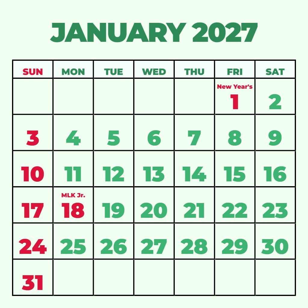 Free Printable January 2027 Calendar Free Planning PDF Download