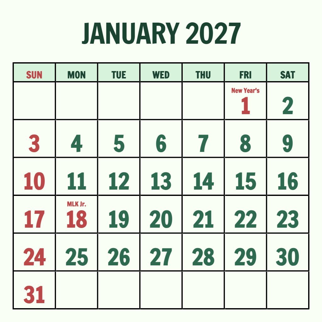 Custom Printable January 2027 Calendar Free Planning PDF Download