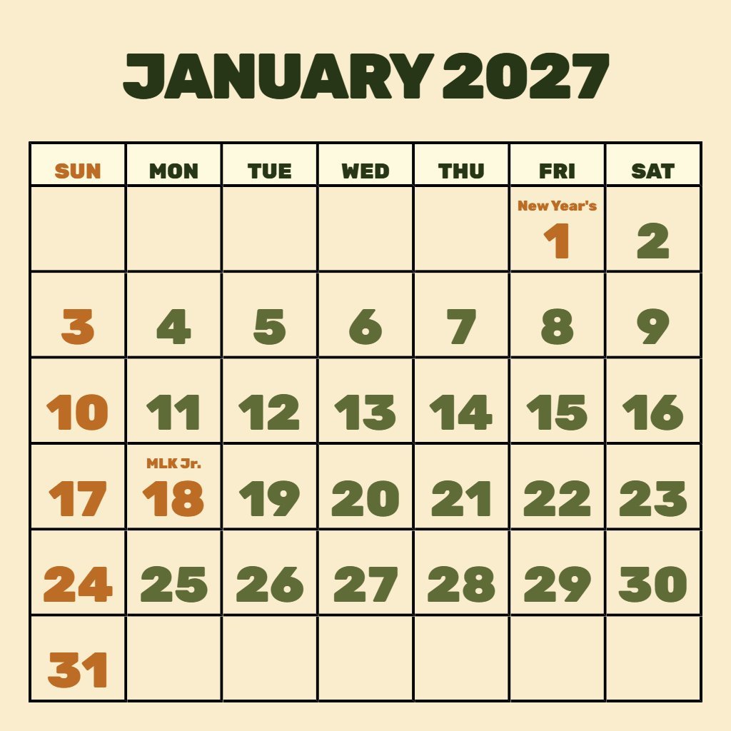 Custom Printable January 2027 Calendar Pdf Notes PDF Download