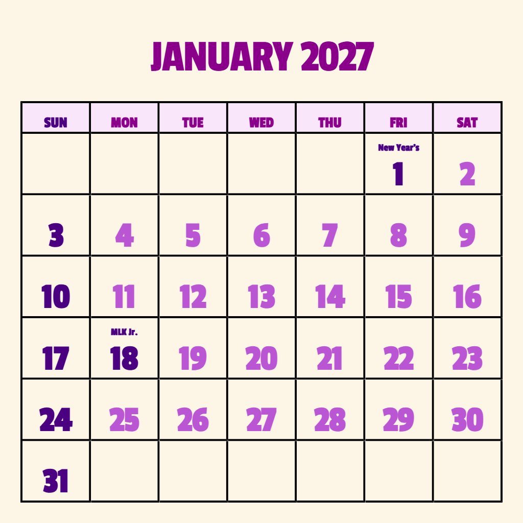 Custom Printable January 2027 Calendar With Holidays Wallpaper PDF Download