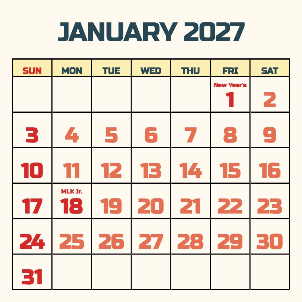 Cute Printable January 2027 Calendar With Holidays Planning PDF Download