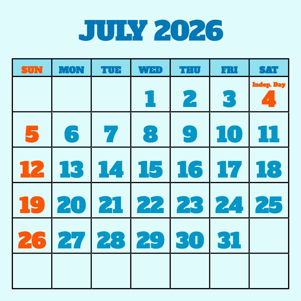 Free Printable July 2026 Calendar Free Planning PDF Download