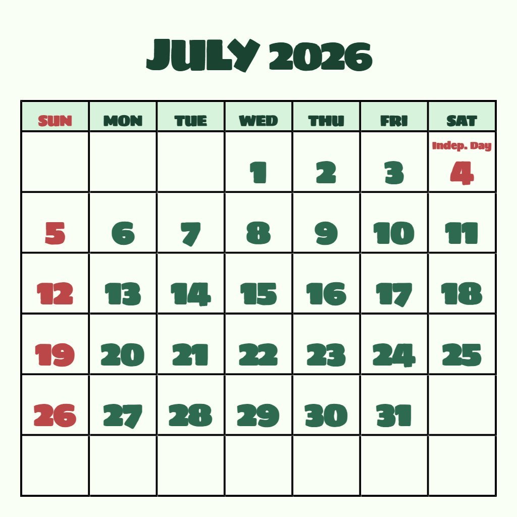 Cute Printable July 2026 Calendar Free Planning PDF Download