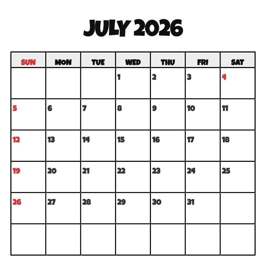Free Printable July 2026 Calendar With Holidays Planning PDF Download