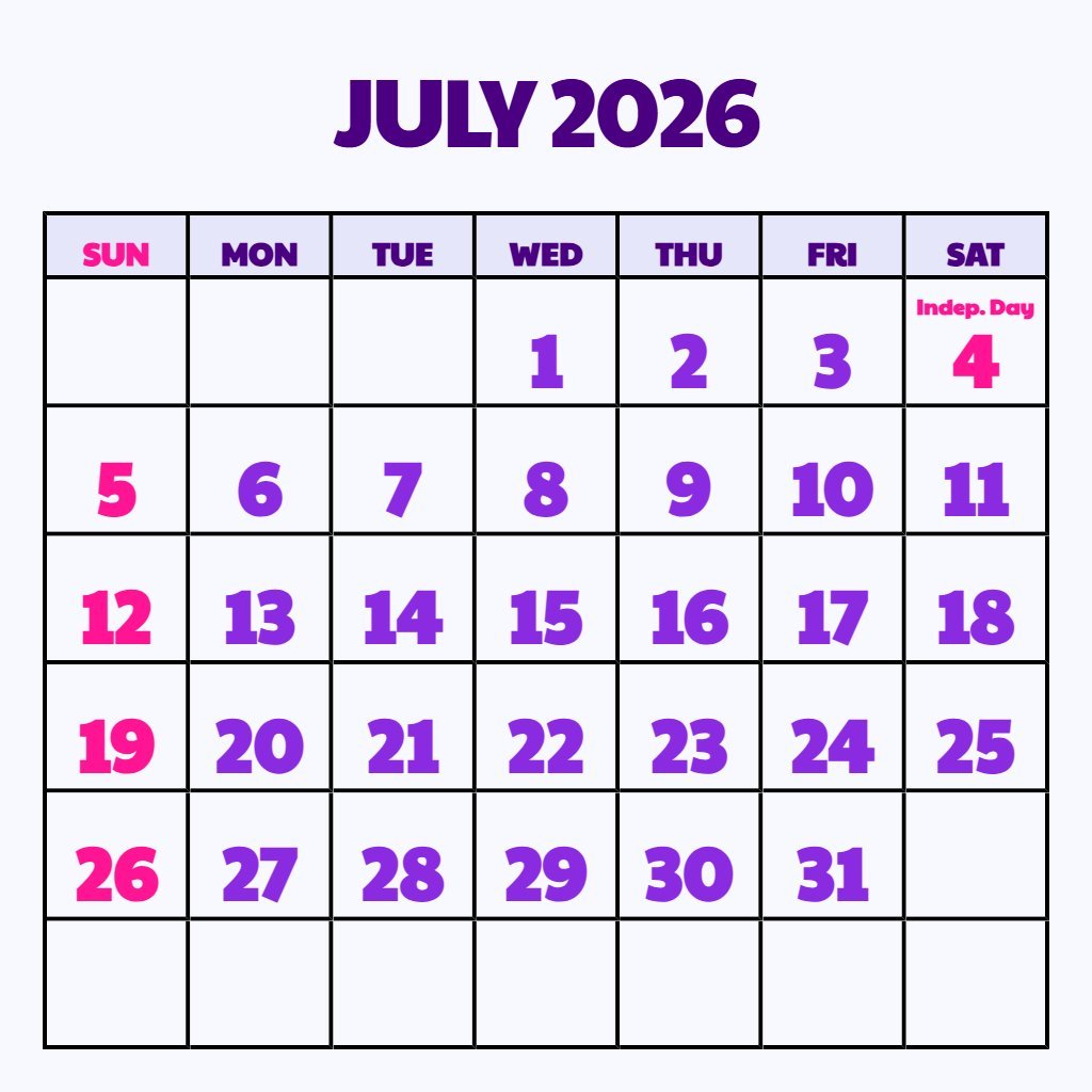 Editable Printable July 2026 Calendar With Holidays Notes PDF Download