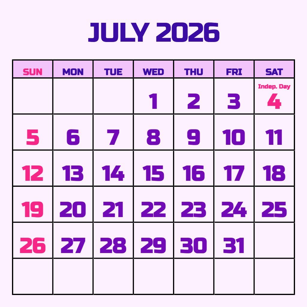 Custom Printable July 2026 Calendar With Holidays Planning PDF Download