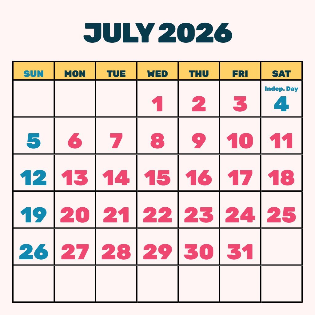Free Printable July Calendar 2026 Free Schedule PDF Download