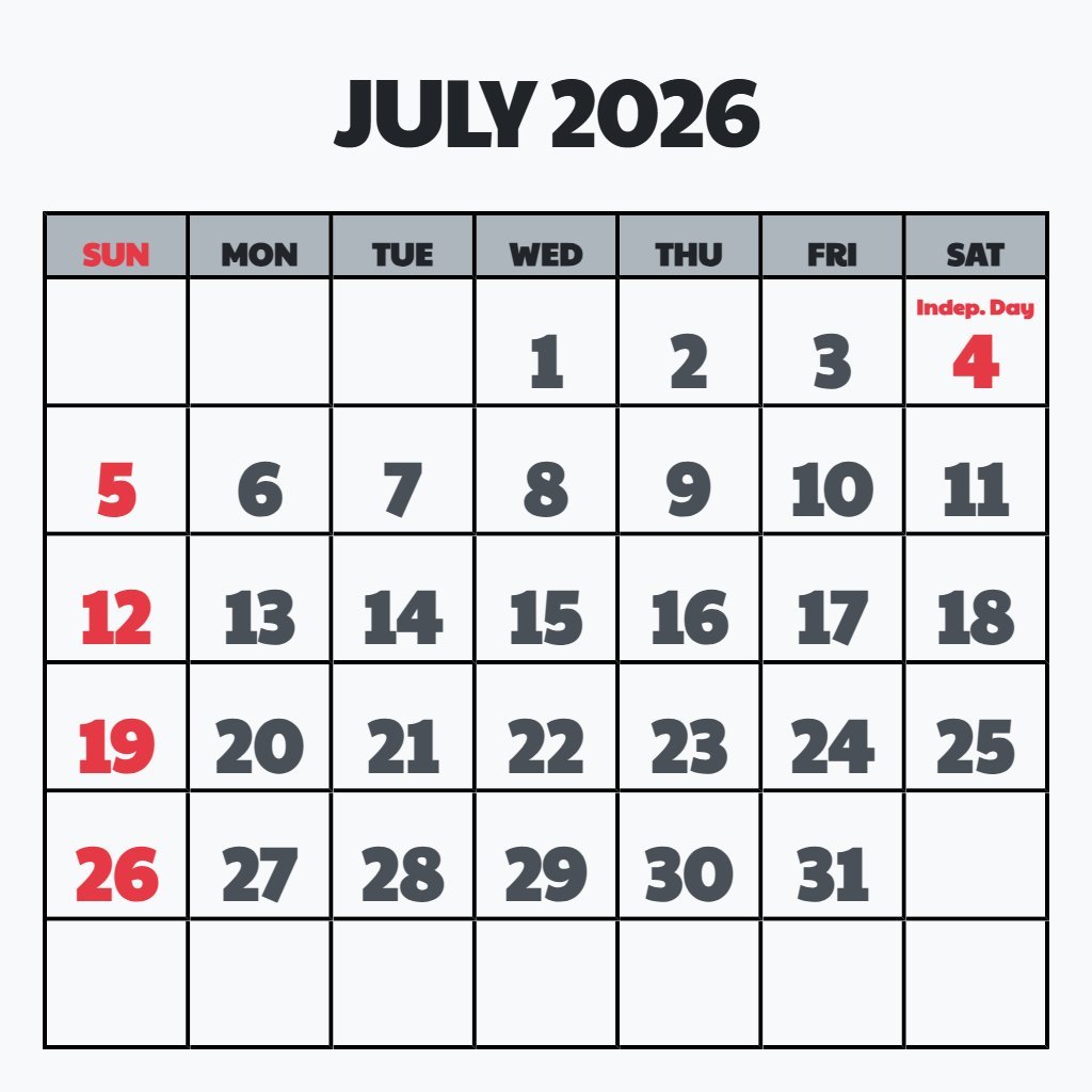 Cute Printable July Calendar 2026 Free Notes PDF Download