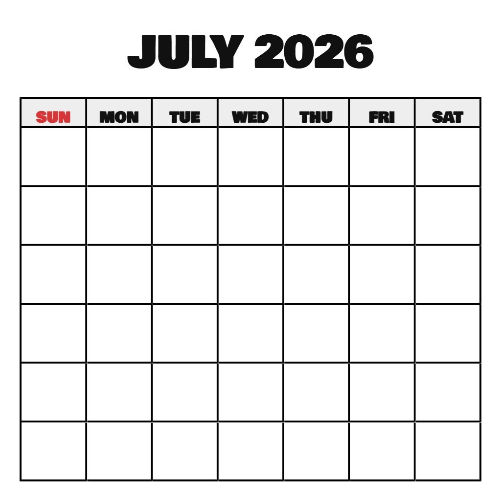 Printable July Calendar 2026 Free Blank PDF Download