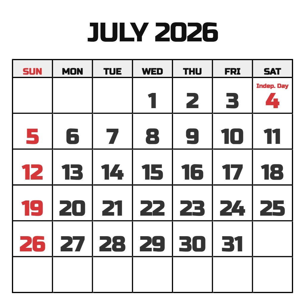 Printable July Calendar 2026 Free PDF Download