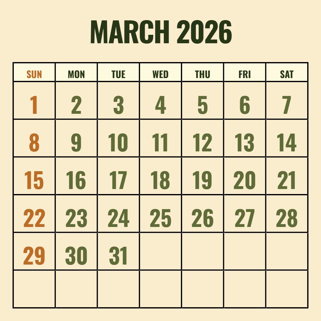 Custom Printable March 2026 Calendar Free Planning PDF Download