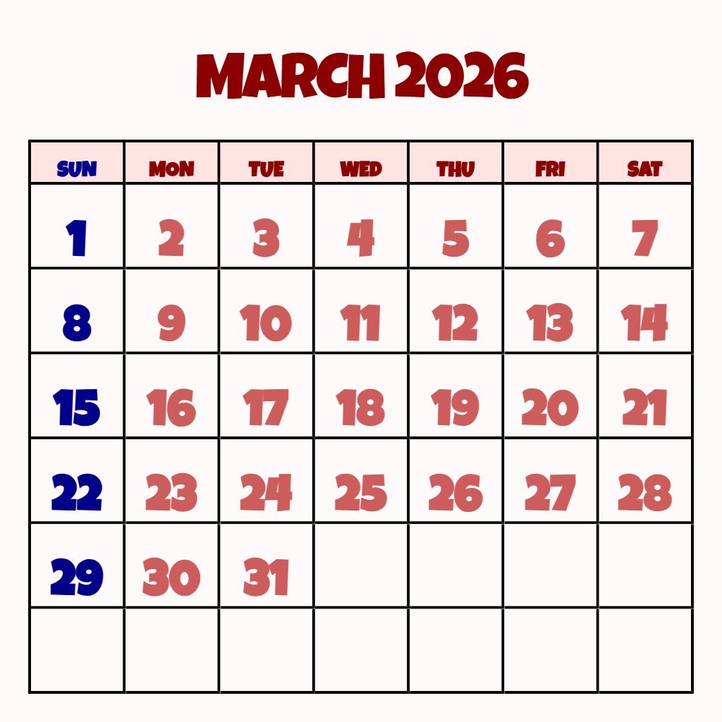 Editable Printable March 2026 Calendar With Holidays Notes PDF Download Editable Printable March 2026 Calendar With Holidays Notes PDF Download