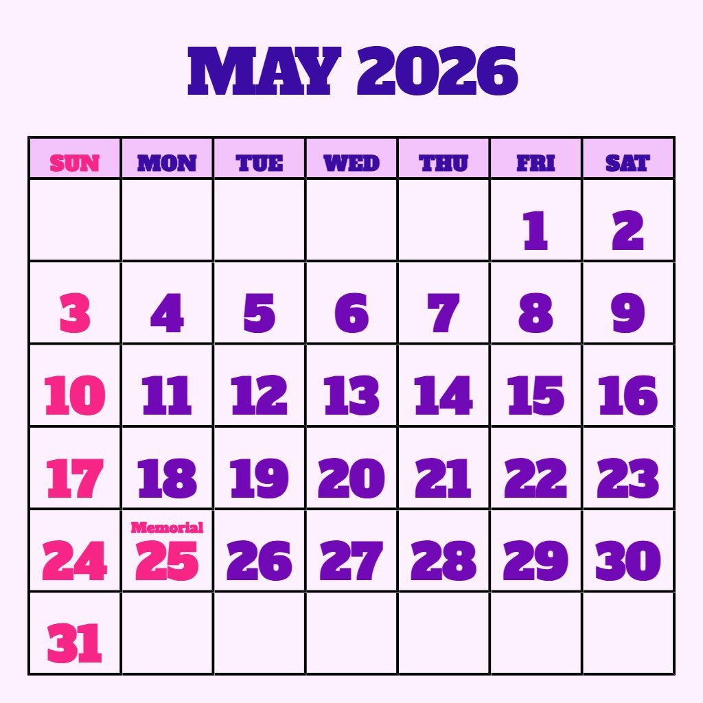 Custom Printable May 2026 Calendar With Holidays Notes PDF Download