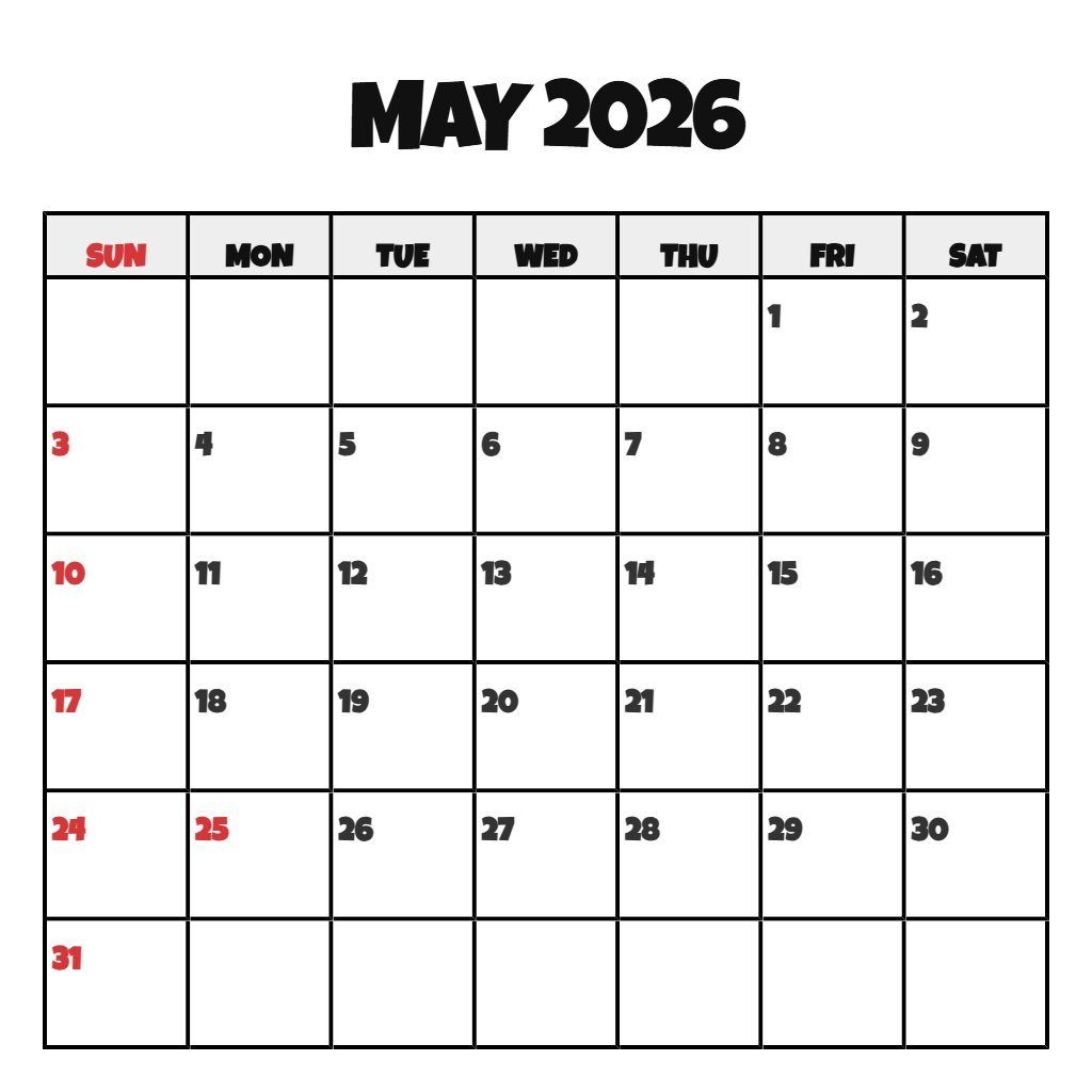 Cute Printable May Calendar 2026 Free Planning PDF Download