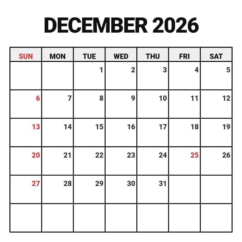 Cute Printable Monthly Calendar 2026 December Wallpaper PDF Download