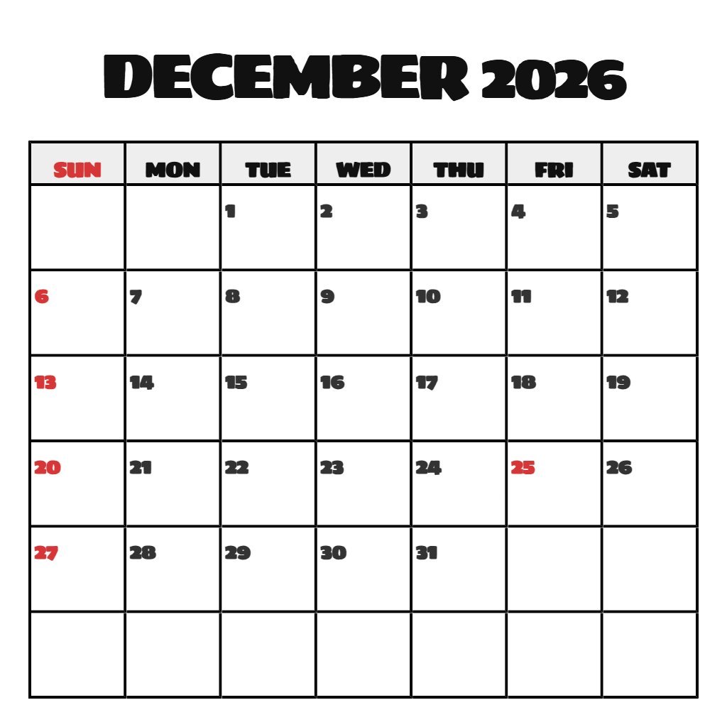 Cute Printable Monthly Calendar 2026 December Wallpaper PDF Download