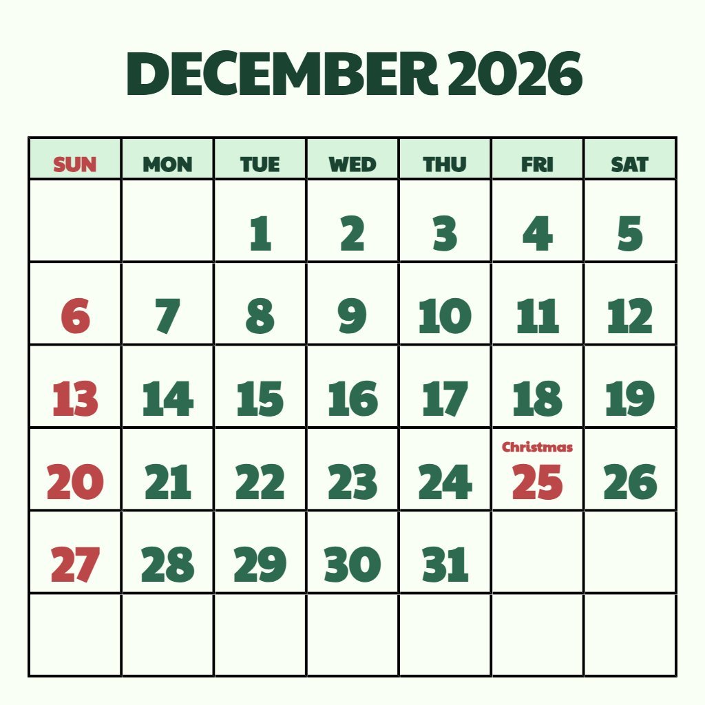Editable Printable Monthly Calendar 2026 December Schedule PDF Download