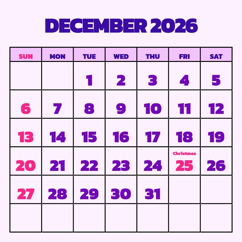 Custom Printable Monthly Calendar 2026 December Wallpaper PDF Download