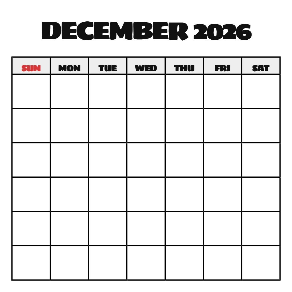 Printable Monthly Calendar 2026 December Blank PDF Download