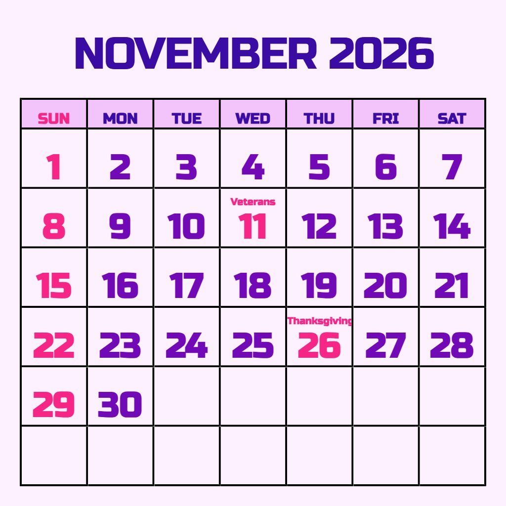 Cute Printable Monthly Calendar 2026 November Schedule PDF Download