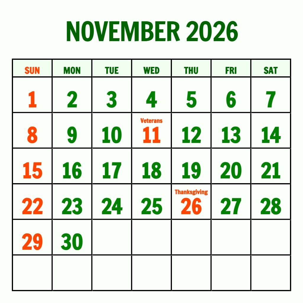 Editable Printable Monthly Calendar 2026 November Schedule PDF Download