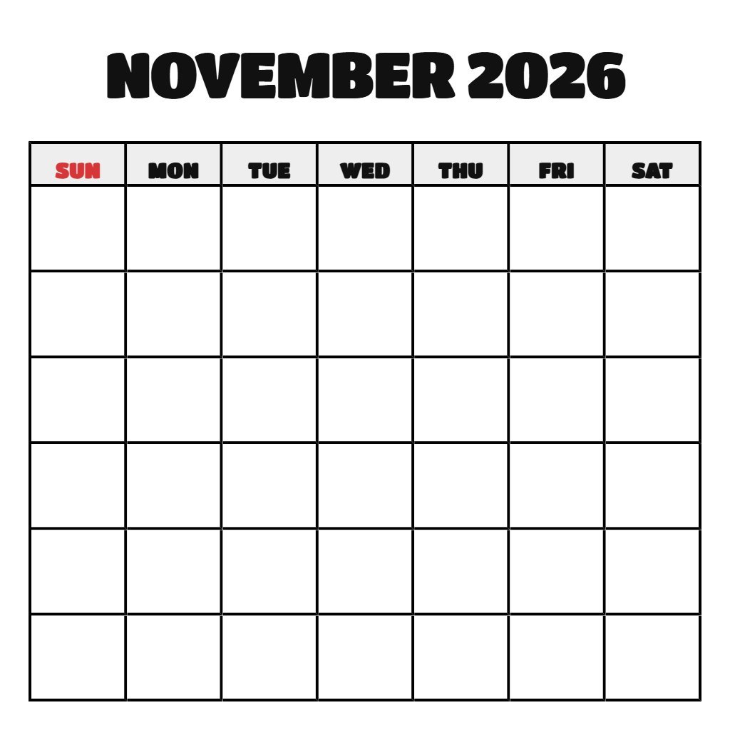 Printable Monthly Calendar 2026 November Blank PDF Download