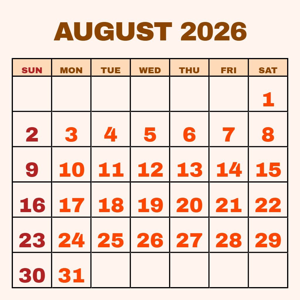 Custom Printable Monthly Calendar August 2026 Planning PDF Download